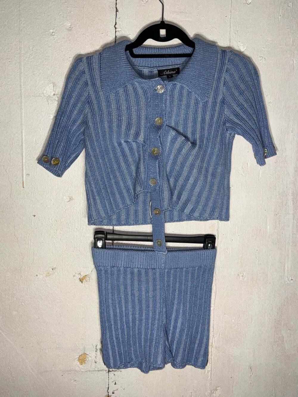 Athina Light Blue Ribbed Knit 2-Piece Short Set With Collared Cardigan - Picture 5 of 6